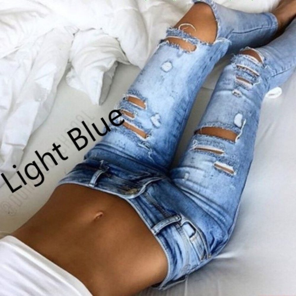 Women Stretch Distressed Light Blue Skinny Jeans